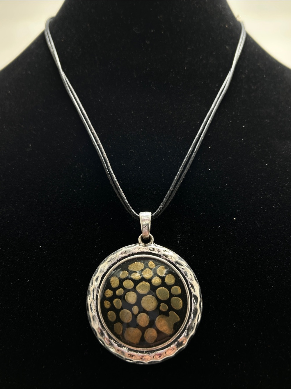 Chico’s Double Strand Leather Necklace with Silver Gold Black Pendant